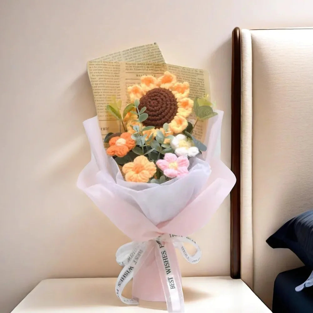 1pc Crochet Bouquet, Efun Handmade Sunflower Daisy Bouquet Valentine's Day Anniversary Wedding Mothers Day Birthday Gift
