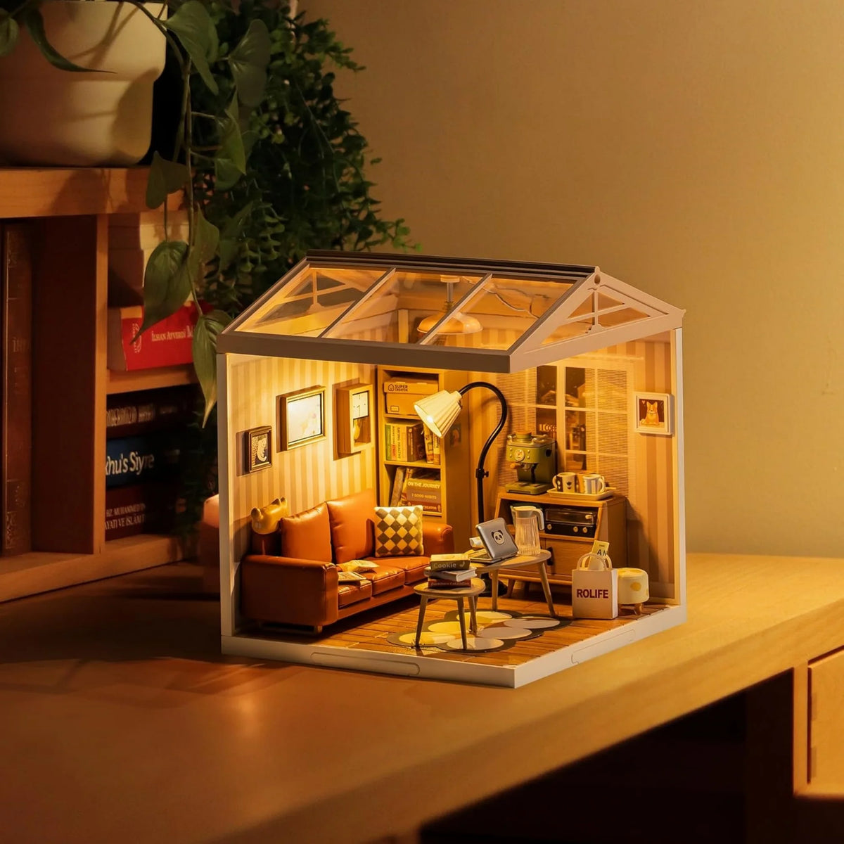 Rolife Cozy Living Lounge DIY Miniature House Kit - 114-Piece Super Creator Stackable Dollhouse with LED, for Adults & Teens 14+ (DW007)