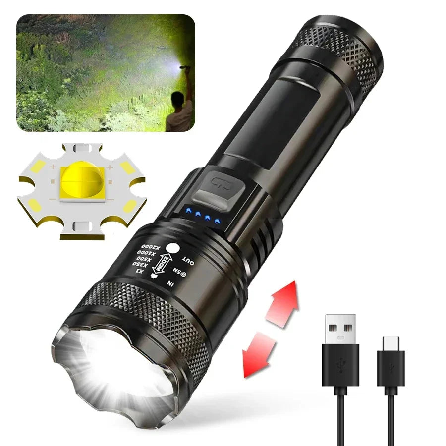 Tactical LED Flashlight — USB-C Rechargeable, Zoomable, Waterproof