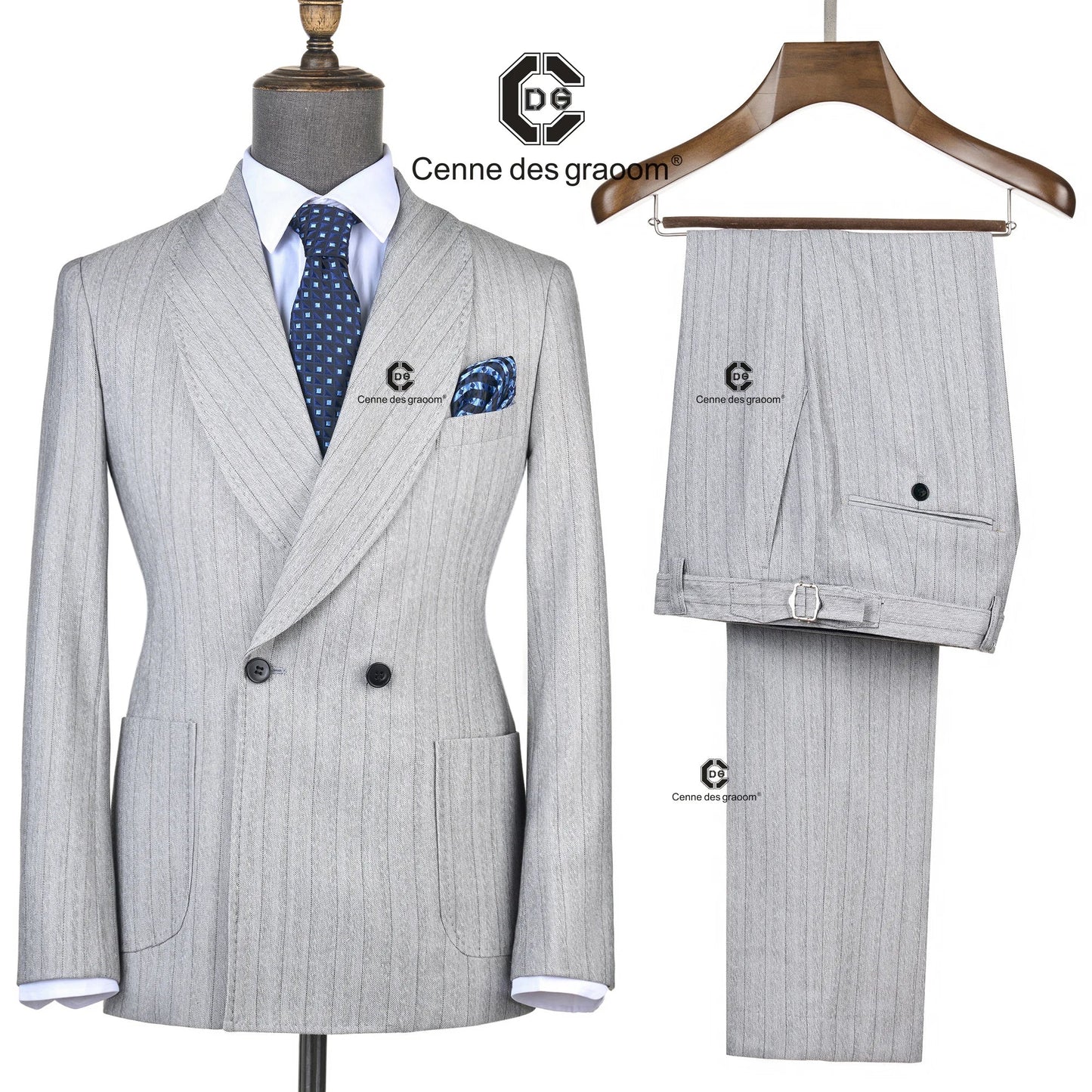 Cenne Des Graoom Light Grey Striped Double-Breasted Men Suits with
