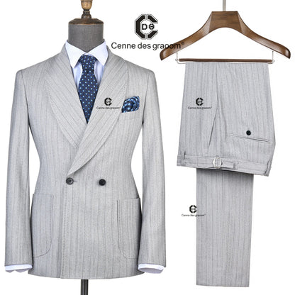Cenne Des Graoom Light Grey Striped Double-Breasted Men Suits with