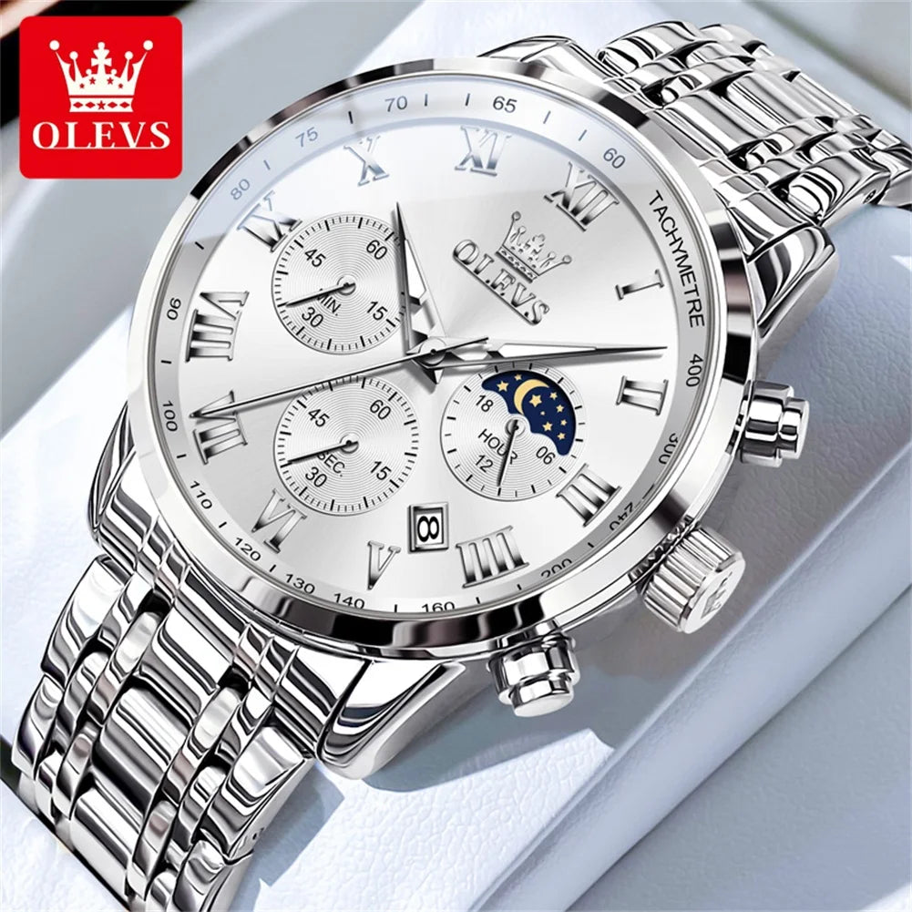 OLEVS 5529 Men's Chronograph Watch, Steel Bracelet Version - 41mm Moon Phase Dial, Auto Date, Luminous Hands, 30m Water Resistant