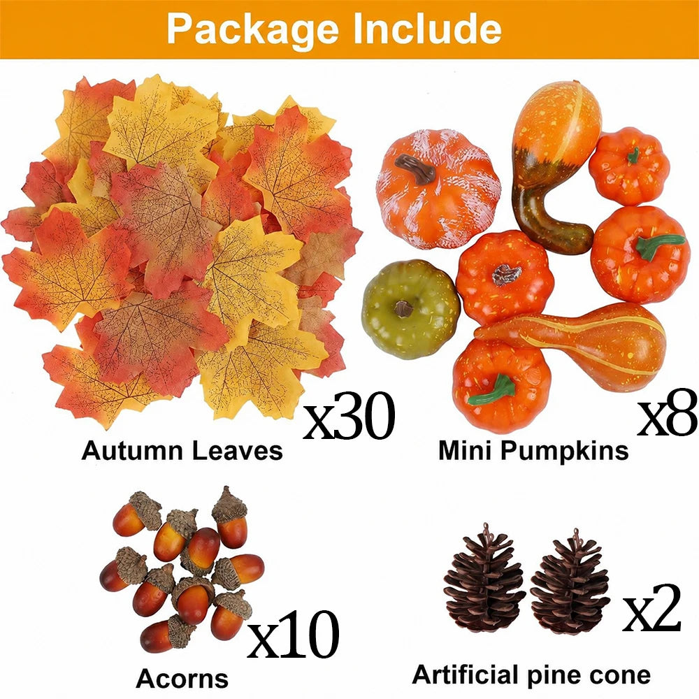 50-Piece Artificial Autumn Decoration Set, Pumpkins, Pine Cones and Maple Leaves