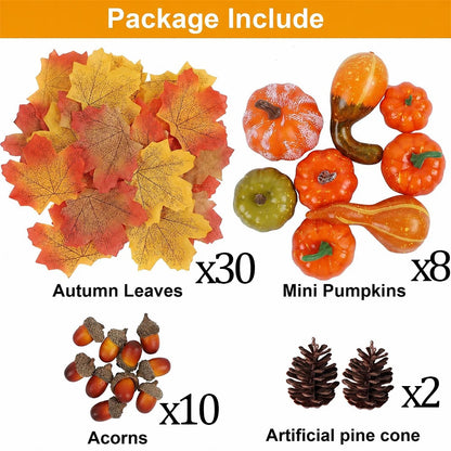 50-Piece Artificial Autumn Decoration Set, Pumpkins, Pine Cones and Maple Leaves