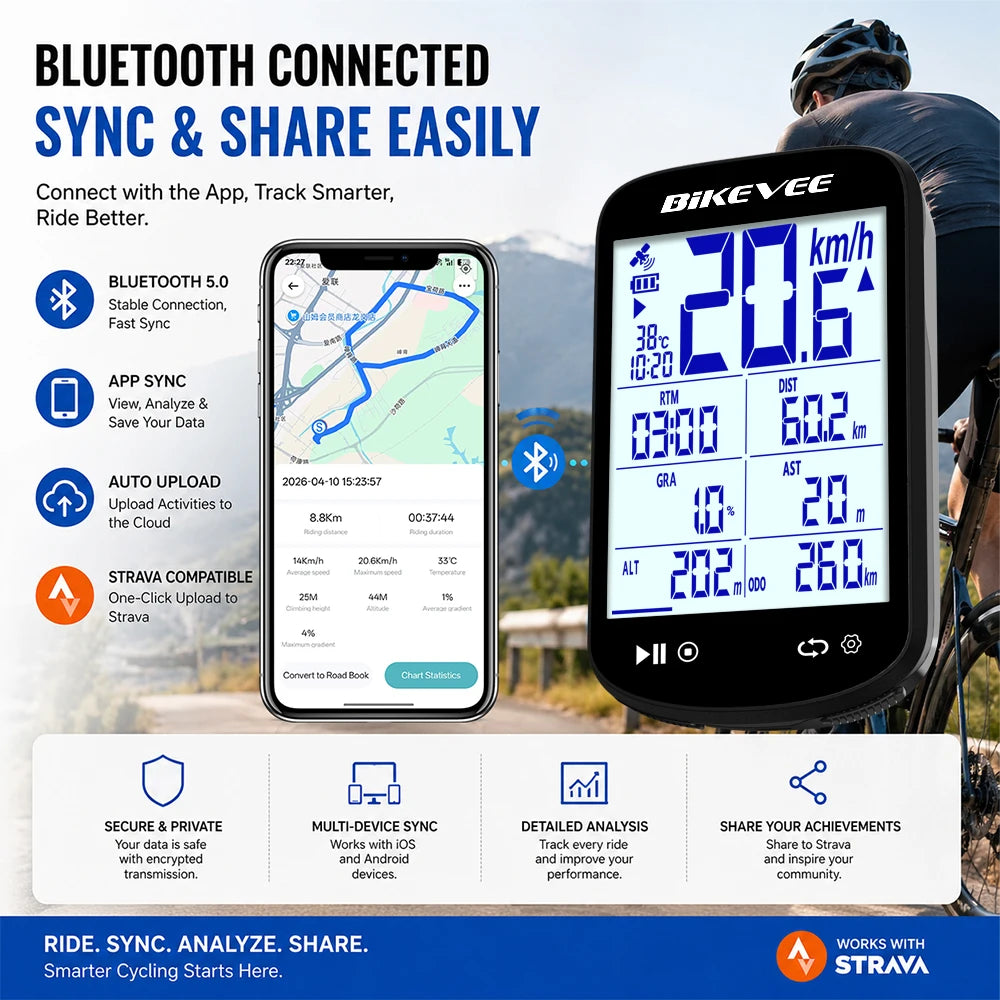 Bikevee BKV-520 GPS Bike Computer - 2.6" Sunlight-Readable LCD, 5-Satellite GPS, 28hr Battery, IPX7, Bluetooth 5.3