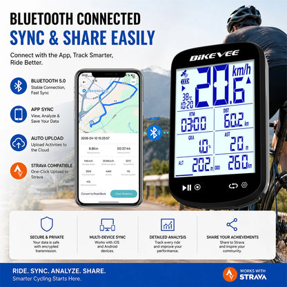 Bikevee BKV-520 GPS Bike Computer - 2.6" Sunlight-Readable LCD, 5-Satellite GPS, 28hr Battery, IPX7, Bluetooth 5.3