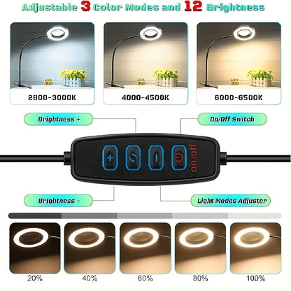 USB Clip-On Magnifying Desk Lamp, 5x Lens, Dimmable LED