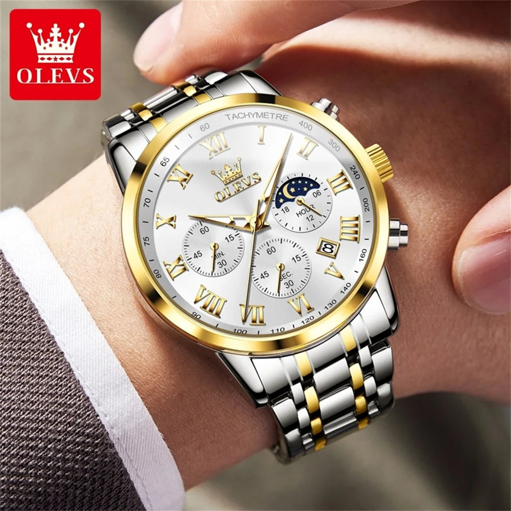 OLEVS 5529 Men's Chronograph Watch, Steel Bracelet Version - 41mm Moon Phase Dial, Auto Date, Luminous Hands, 30m Water Resistant