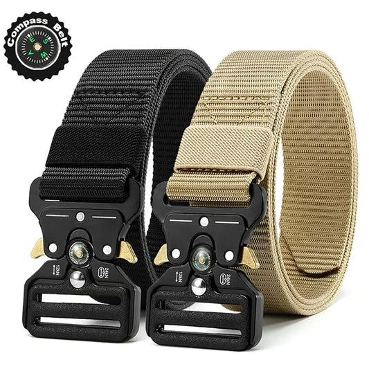 Unisex Tactical Nylon Canvas Belt with Compass, Durable Outdoor & Jeans Belt 1.5 in (3.8 cm) Wide