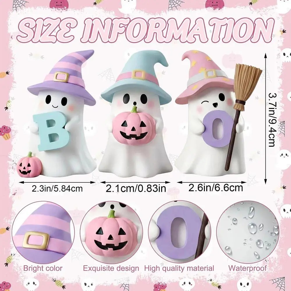 Halloween Ghost & Pink Pumpkin Resin Figurine Set – 3-Pack Cute Spooky Statues for Shelf, Mantel, Desk & Tabletop Decor