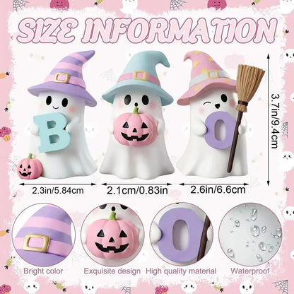 Halloween Ghost & Pink Pumpkin Resin Figurine Set – 3-Pack Cute Spooky Statues for Shelf, Mantel, Desk & Tabletop Decor