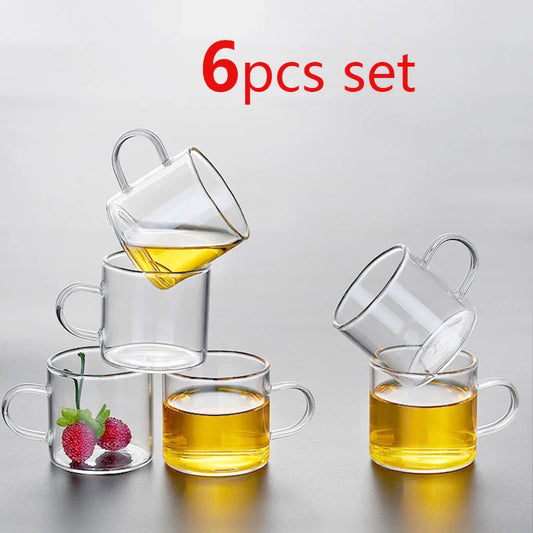 Set of 6 Borosilicate Glass Coffee Cups with Handles — 100ml (3.4 fl oz) & 120ml (4.1 fl oz) Heat-Resistant Clear Teaware