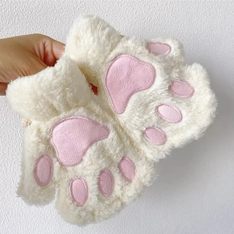 Cute Cat Paw Fingerless Mittens Plush Half-Finger Warm Fluffy Gloves for Women & Unisex