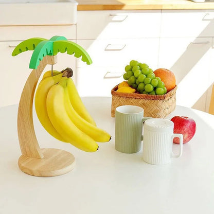 Wooden Hanging Banana Rack with Leaf Hook, Vertical Fruit Storage & Kitchen Decor