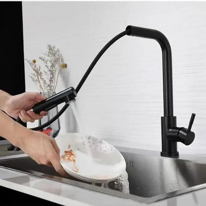 Matte Black Pull-Out Kitchen Faucet – 304 Stainless Steel Single-Handle, 360° Swivel, Ceramic Valve, Stream & Spray