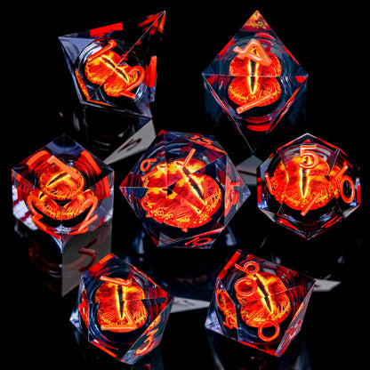 7-Piece Liquid Core Eye of Sauron Resin Dice Set Sharp-Edge D20 for D&D Tabletop RPG
