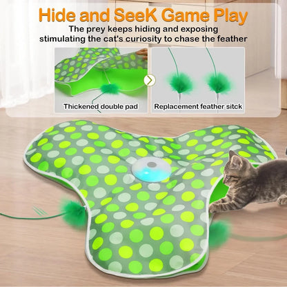 Interactive Hide and Seek Cat Toy – Motion-Activated Squeaky Mouse with Concealed Feather Wand, USB Rechargeable