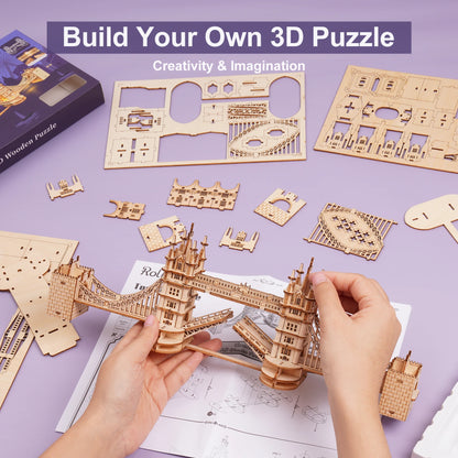 Rolife Tower Bridge 3D Wooden Puzzle – 113-Piece DIY Model Kit, LED Compatible, Gift for Adults & Teens (TG412)