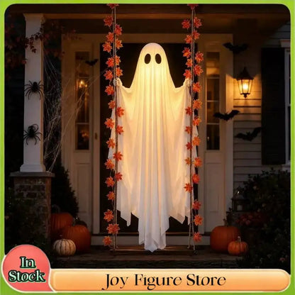 Halloween Luminous Hanging Ghost Swing with String Lights - Outdoor Yard Ghost Swing Ornament in White Cloth, Maple Leaf & Tulle Versions