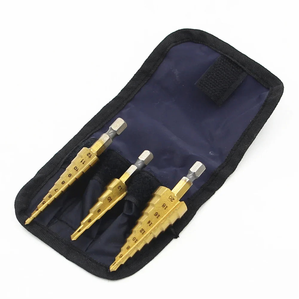 Ti-Plated Hex-Shank Step Drill Bit Set — 3–12mm (0.12–0.47in), 4–12mm (0.16–0.47in), 4–20mm (0.16–0.79in) — 3-Piece