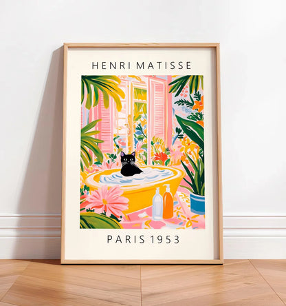 Black cat on toilet, Bathroom wall art, Matisse poster, Funny bathroom decor, Pink tropical decor