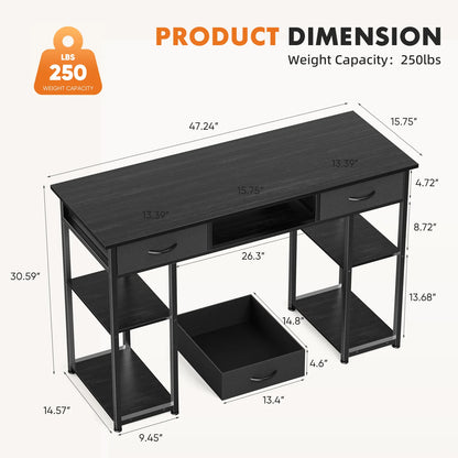 JHK 48" Computer Desk with Fabric Drawers, Storage Shelves, Middle Cube - Metal Frame, Adjustable Feet, Modern Home Office Desk, Brown/Black/White
