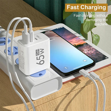 GaN 65W Fast USB-C PD Charger 2x USB-C + USB-A Quick Charge Wall Adapter EU/KR Plug
