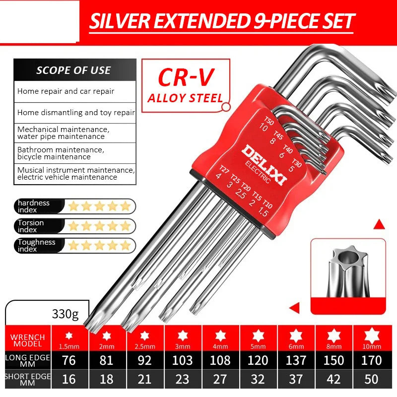Long Metric Allen Key Set with Sleeve Universal Torque Hex Wrenches & Screwdriver for Motorcycles and Bicycles
