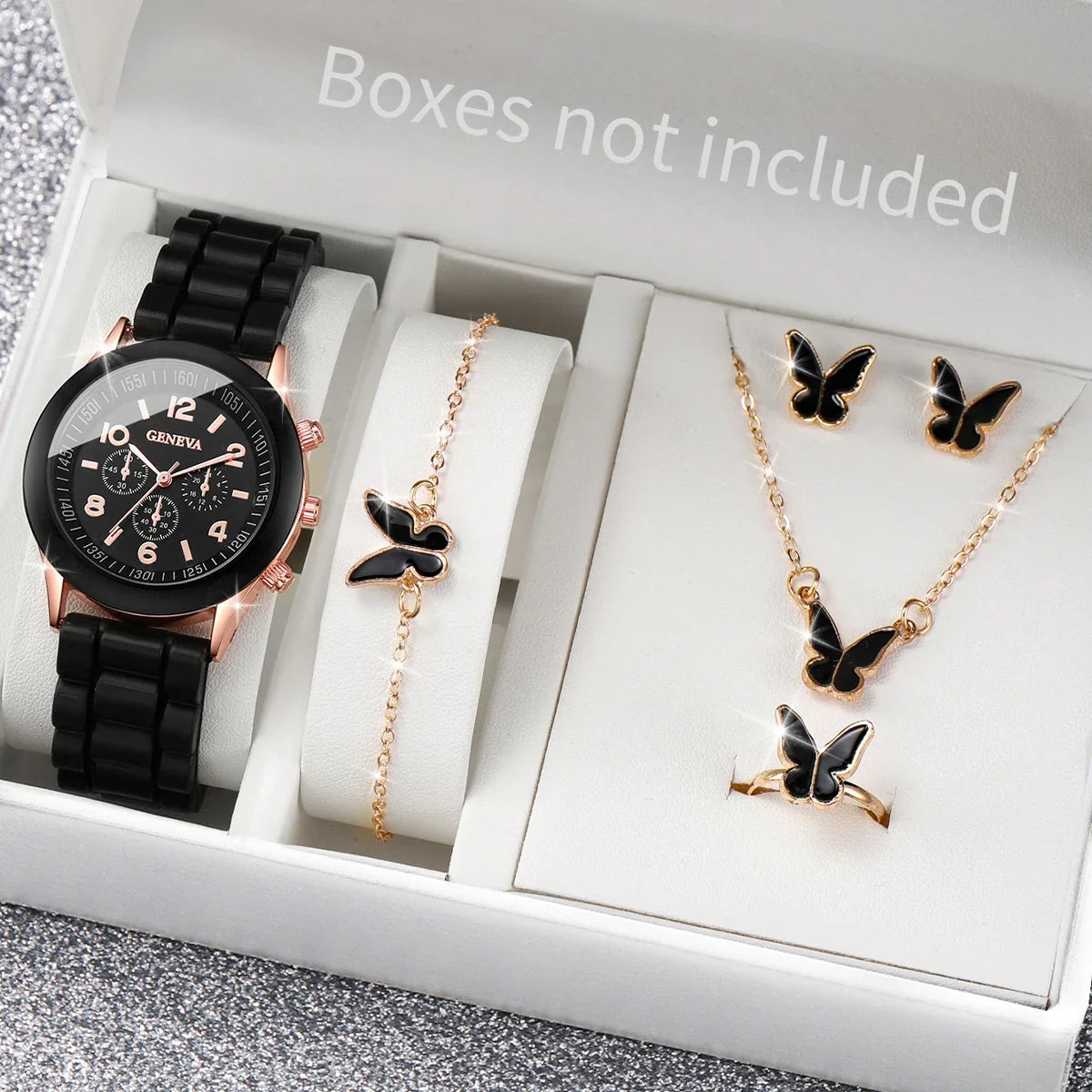 5/6-Piece Women's Quartz Watch Jewelry Gift Set – Silicone Band Watch with Bracelet, Necklace & Earrings
