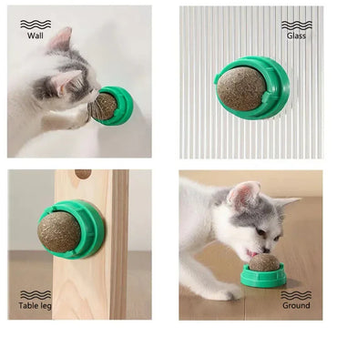 Wall-Mounted Catnip Ball Toy for Cats — 3 cm (1.2 in) Mint Ball, 4.5 cm (1.8 in) Base • Self-Rotating Interactive Cat Toy for Scratching & Dental Health