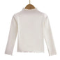Girls Turtleneck Long Sleeve Lettuce-Edge Knit Tee – Solid Color Autumn Winter Top