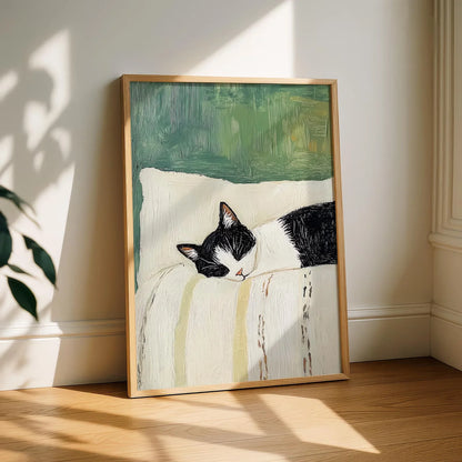 Sleeping Tuxedo Cat Wall Art Print: Black and White Cat Painting, Unframed Cat Poster gift decoration