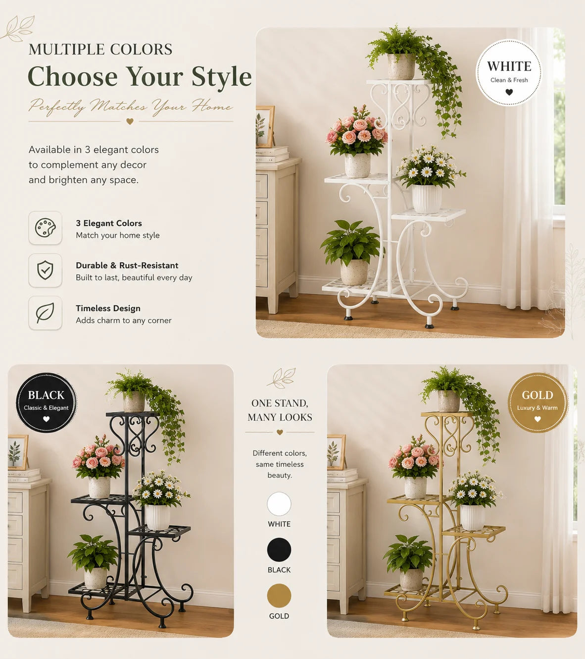 4-Tier Metal Corner Plant Stand with Adjustable Feet