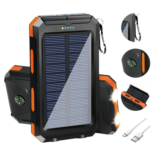 20000mAh Solar Power Bank - Portable Solar Charger with Dual USB, USB-C Input, Built-in Cables & LED Flashlight