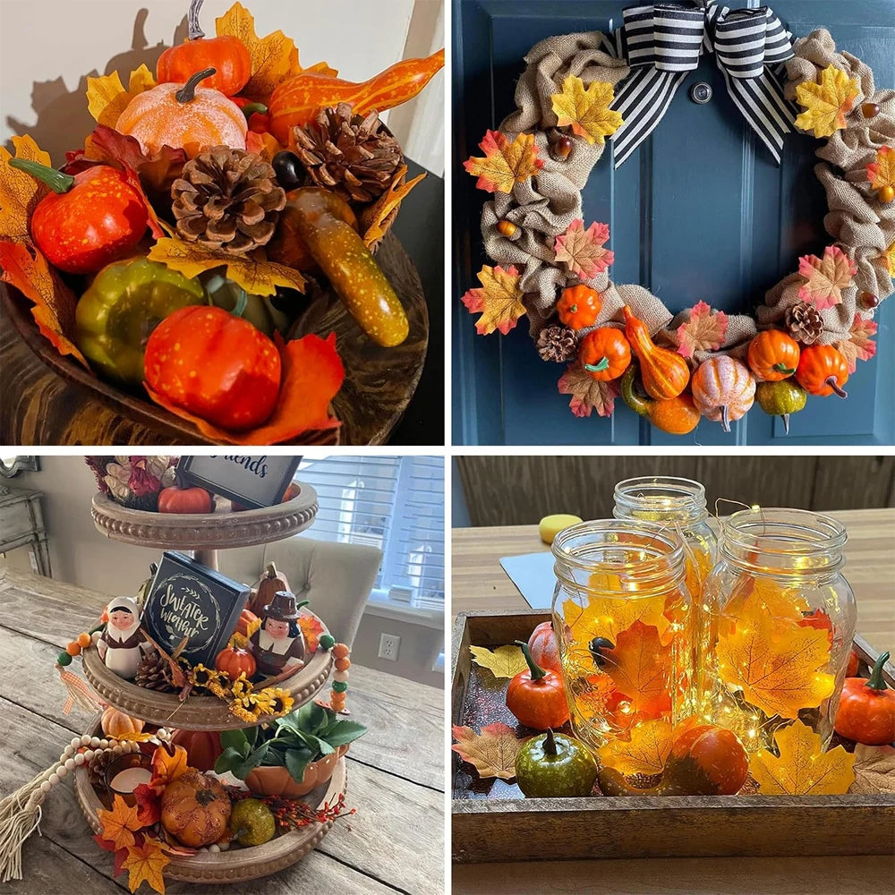 50-Piece Artificial Autumn Decoration Set, Pumpkins, Pine Cones and Maple Leaves