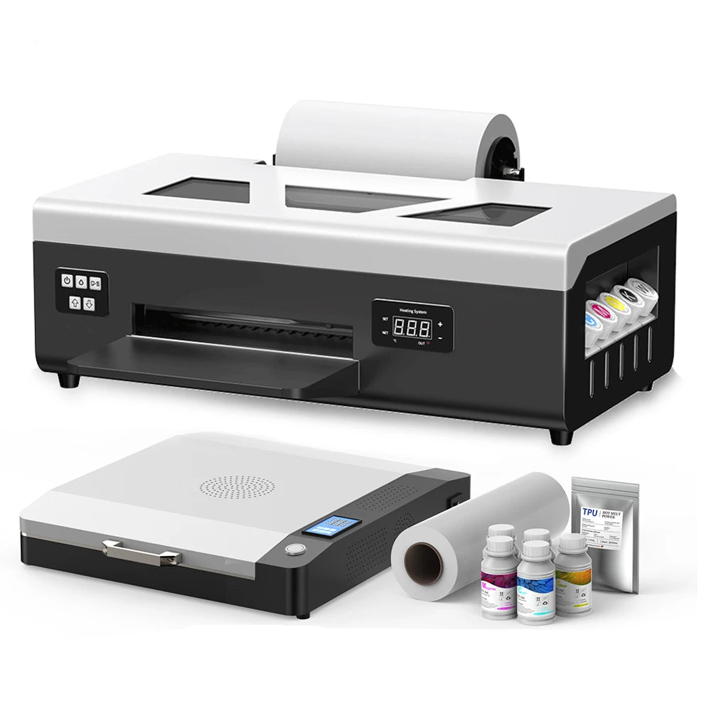 A4 8.5 inch roll DTF printer with ink bottles and paper on a white background
