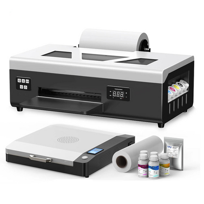 A4 8.5 inch roll DTF printer with ink bottles and paper on a white background