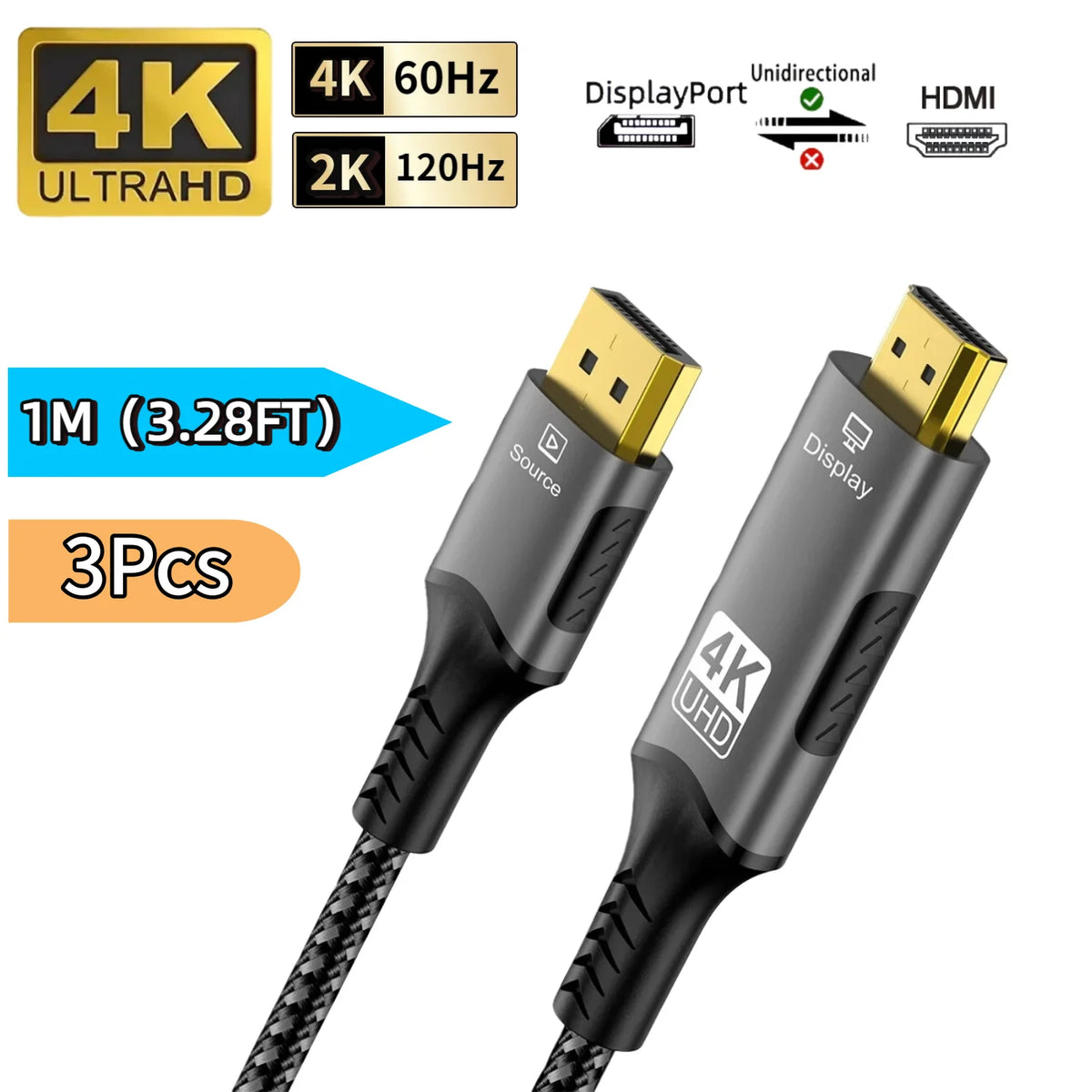 FDBRO DisplayPort to HDMI Cable - Uni-Directional, 4K@60Hz, HDR, VRR, Gold-Plated, Nylon Braided, 3.3/6.6/9.8ft, 1-5 Pack
