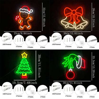 Christmas Series Neon Signs, Bells And Gingerbread Man Icons, Powered By Usb, Used For Room, Bar And Theme Party Art Decor.