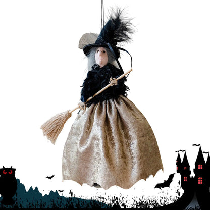 Halloween Witch Doll Hanging Ornament & Tree Topper – Retro Fabric Witch with Hat & Broom for Home, Party & Haunted House Decor – Champagne, Red or Brown