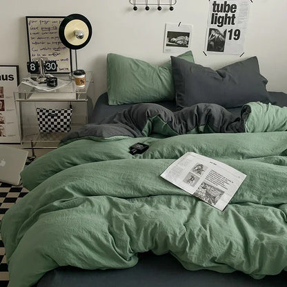 Washed Cotton Duvet Cover Bedding Set with Flat Sheet & Pillowcases, Queen & King Available