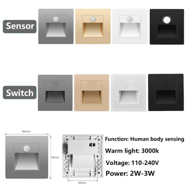 PIR Motion Sensor Recessed LED Night Light 86mm (3.4 in) AC 110-240V for Staircase Bedroom Hallway