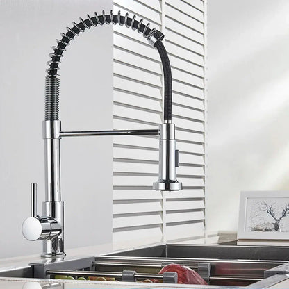 Brushed Nickel Pull-Down Kitchen Faucet, Deck-Mounted Mixer Tap, 360° Swivel, Stream & Spray, Single-Handle Hot/Cold