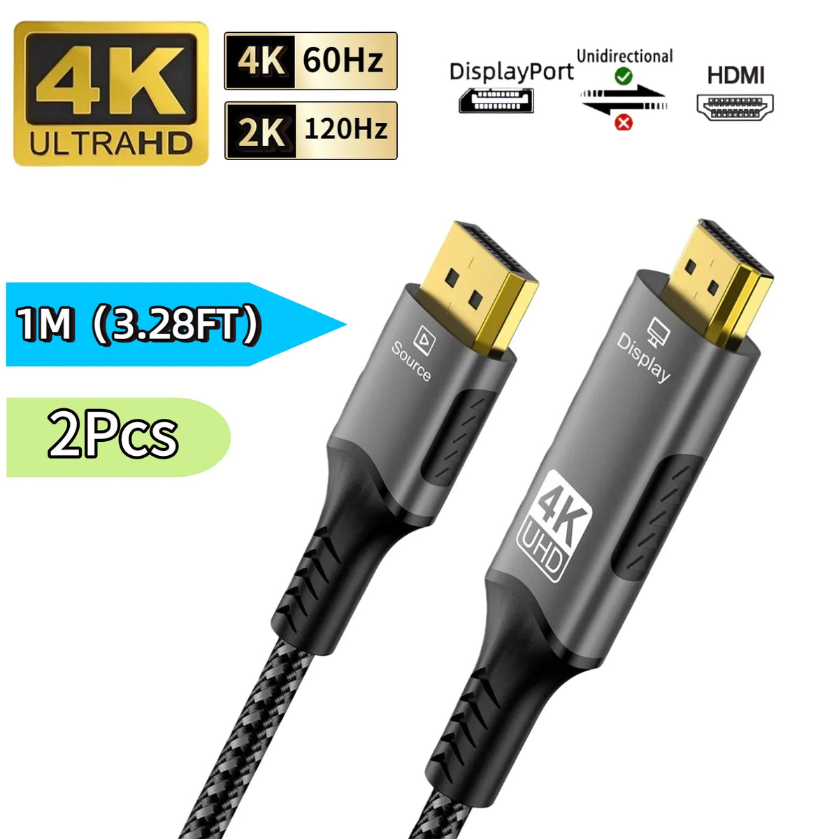 FDBRO DisplayPort to HDMI Cable - Uni-Directional, 4K@60Hz, HDR, VRR, Gold-Plated, Nylon Braided, 3.3/6.6/9.8ft, 1-5 Pack