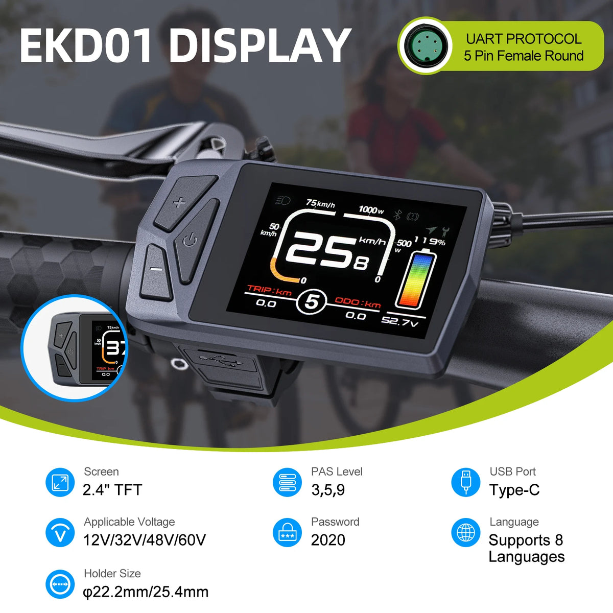 Varstrom UART E-Bike Display - EKD01 Bluetooth / SW2-M58 Color / DZ40 Mini / Bafang DPC18 - Bafang BBS/Hub Compatible, IP67-IP68, 12V-60V, 1-Year Warranty