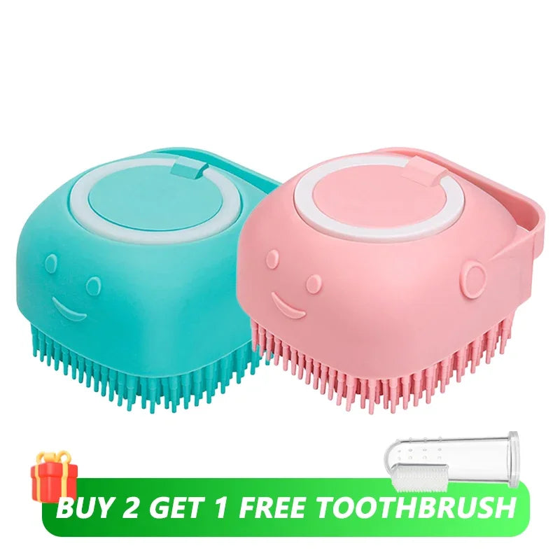 Dog & Cat Silicone Bath Brush with Shampoo Dispenser — Soft Rubber Bristles for Grooming & Massage