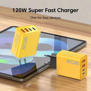 120W 4-Port PD Fast Charger Wall Adapter – 2 USB-C & 2 USB-A Quick Charge with US/EU Plugs
