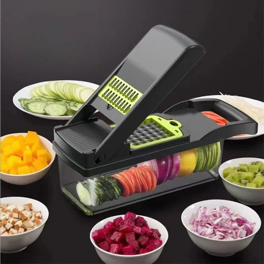 16-Piece Multifunctional Vegetable Slicer & Chopper Set - Food-Grade Stainless Steel Grater with Collector Basket
