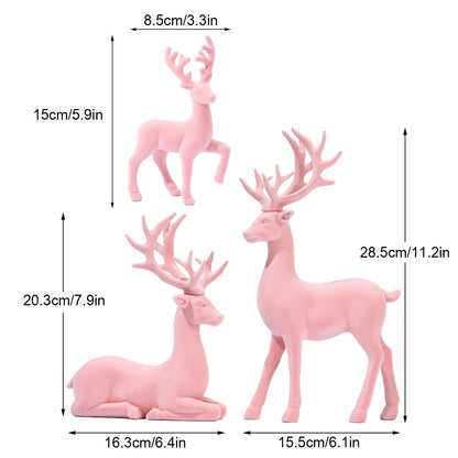 3 Pcs Large Figurines Christmas Decorations Pink Flocked Reindeer Statue Christmas Decor,White Elk Solid Synthetic Resin