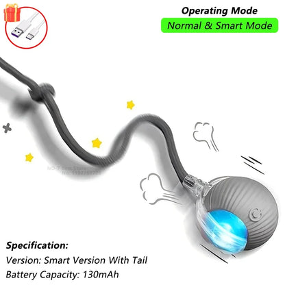 Rechargeable Interactive Cat Ball Toy — Automatic Rolling Smart Toy with Tail, LED & Obstacle Avoidance